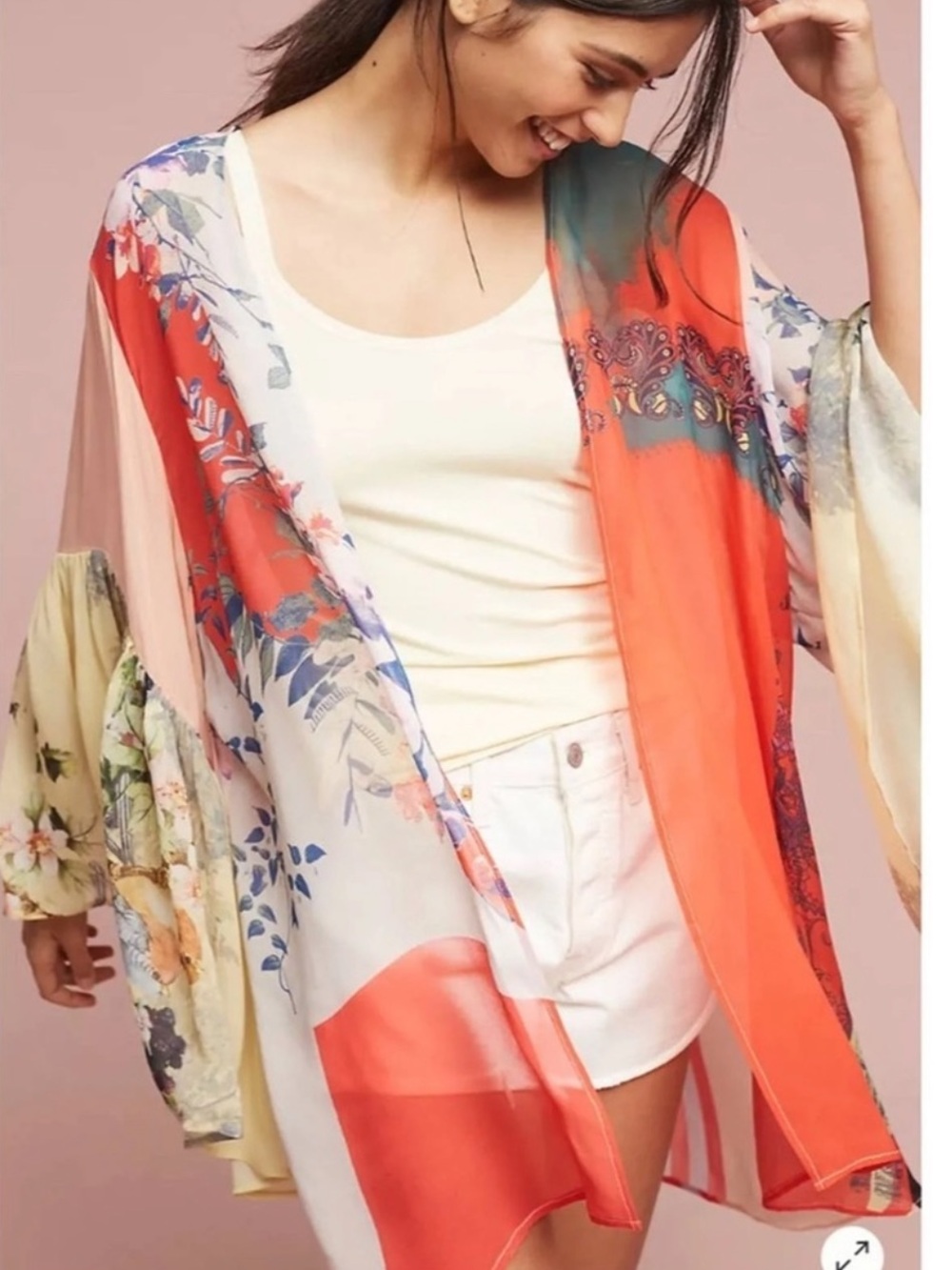 Anthropologie Floral Sheer floral Open Kimono Cardigan in Red & Multicolor OS